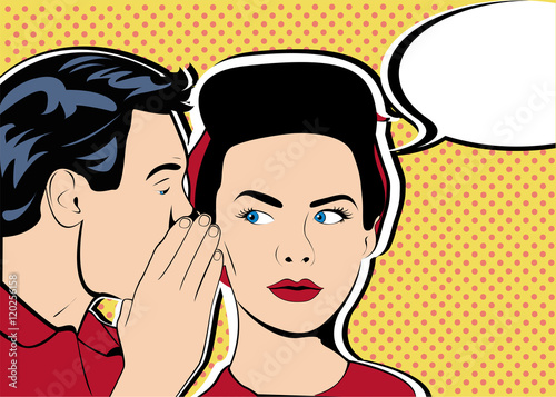 Pop art vintage comic. The man whispers to the girl. Cloud for the text. Retro style