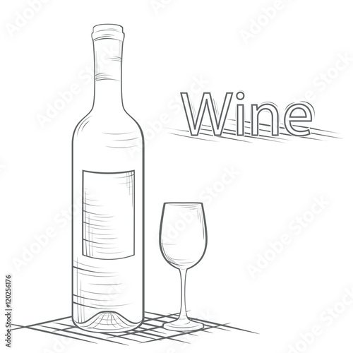 outline illustration of a bottle of wine and a glass