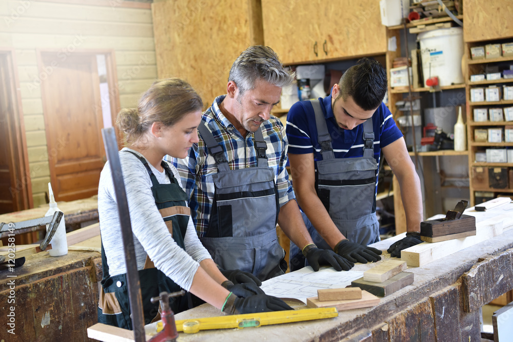 Group of students in woodwork training course Group of students in woodwork training course