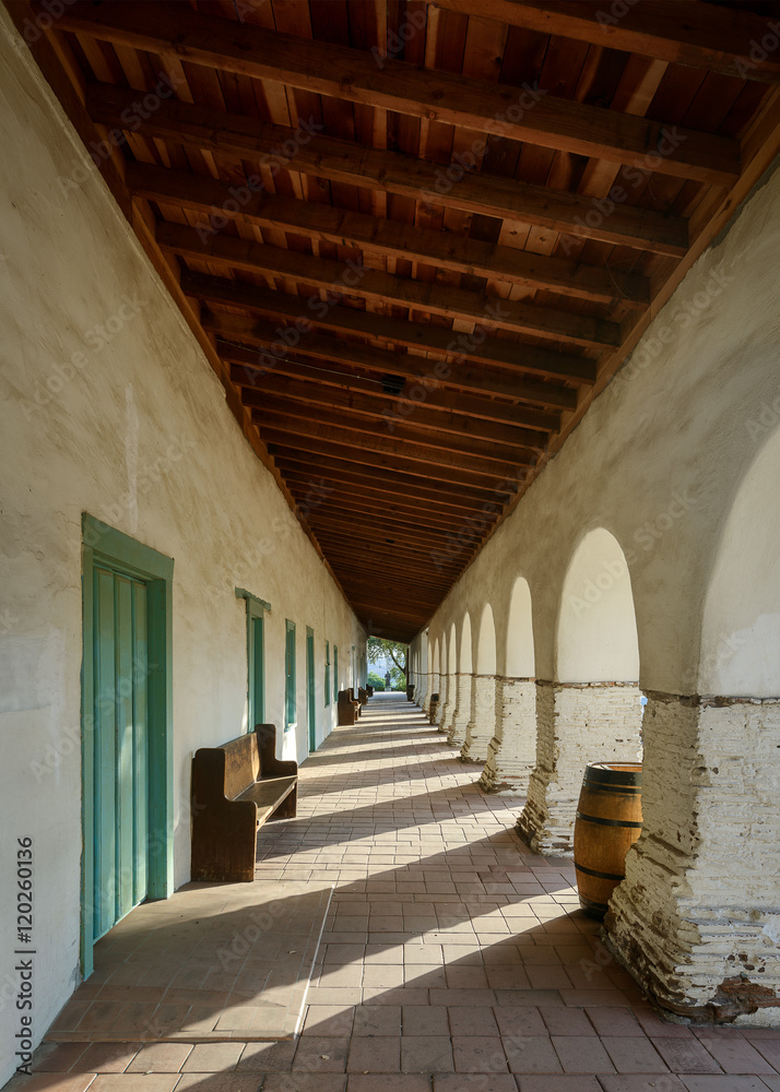 Arcade, or covered walkway, outside Mission San Juan Bautista in California