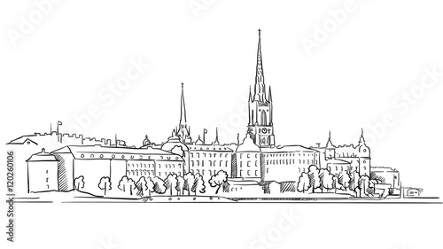 Stockholm Panorama Famous Outline Landmark Sketch