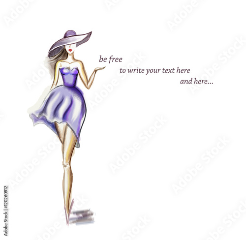 The Silhouette of  fashion girl. Light Sketch. She points to something. it could be used as a border