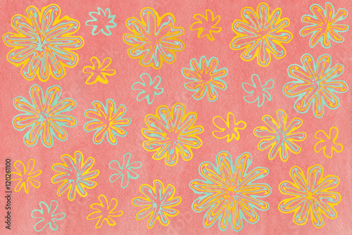 Watercolor seafoam blue and yellow abstract flowers on watercolor pink background