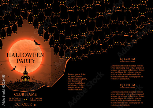 Halloween party booklet. Vector illustration. Template of poster with bats in the cave and terrible castle. Dark blue greeting card.