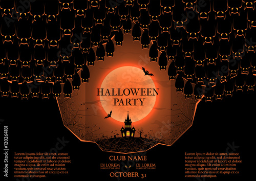 Halloween party booklet. Vector illustration. Template of poster with bats in the cave and terrible castle. Dark blue greeting card. Invitation in night club.