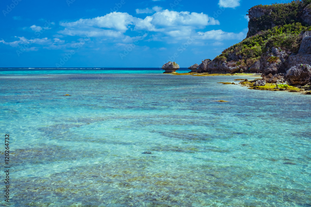 Fototapeta premium 沖縄のラグーンの透明な海ときのこ岩