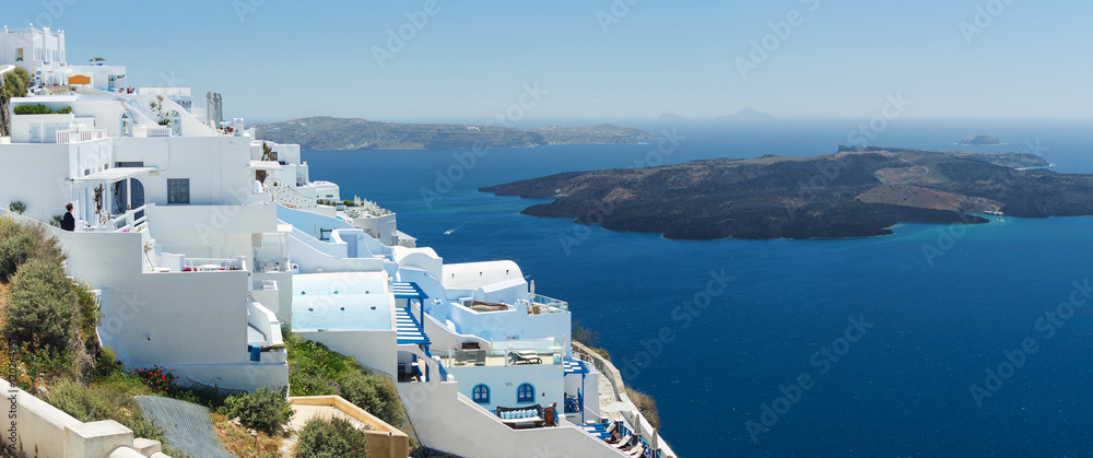 Naklejka premium Nea Kameni volcanic island in Santorini Greece