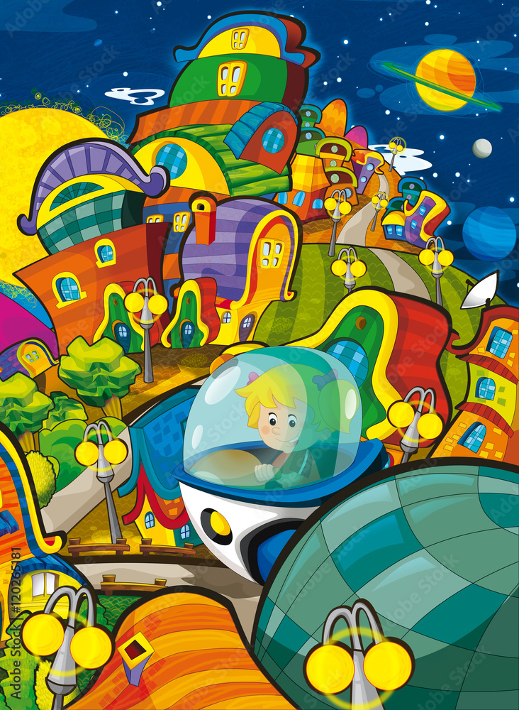 Fototapeta premium Cartoon scene with girl flying in the space ship over the space city illustration for children
