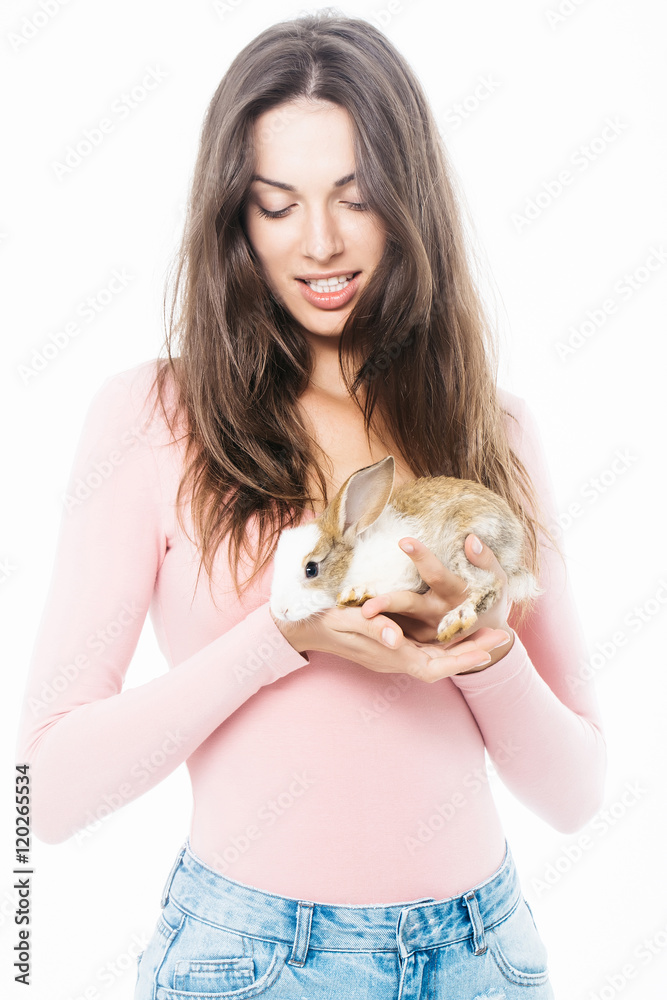 pretty woman with rabbit isolated pretty woman with rabbit isolated