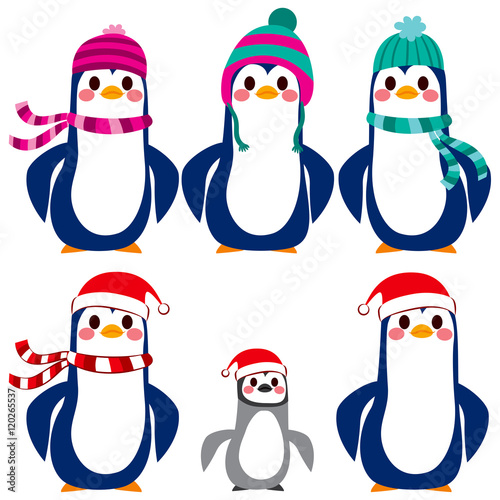 Adorable penguin character collection wearing warm wool hat and scarf 