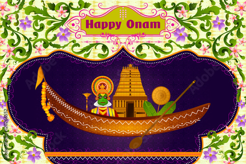 Kathakali dancer and South Indian temple on boat for Happy Onam