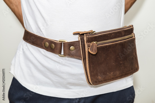Hipster men with genuine leather waist bag
