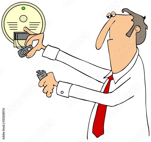 Illustration of a businessman installing a 9 volt battery in a smoke detector. photo