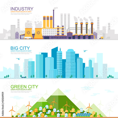 A set of three illustrations - industrial city with heavy industry and factories , large modern city with skyscrapers, Green eco city with renewable energy sources. Stock vector