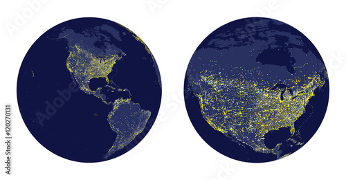 vector illustration of Earth sphere with city lights and zoom of North America
