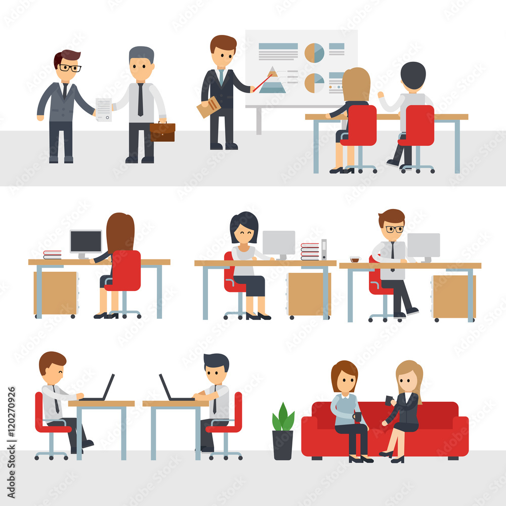 Business people work at office vector cartoon character. Businessman and businesswoman in office vector flat illustration Business infographic elements. Man and woman working at computer in workplaces Business people work at office vector cartoon character. Businessman and businesswoman in office vector flat illustration Business infographic elements. Man and woman working at computer in workplaces