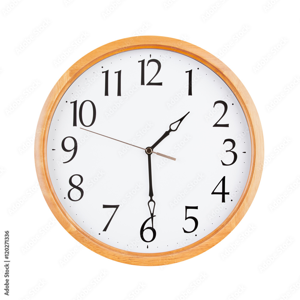 Round clock shows half past three Round clock shows half past three