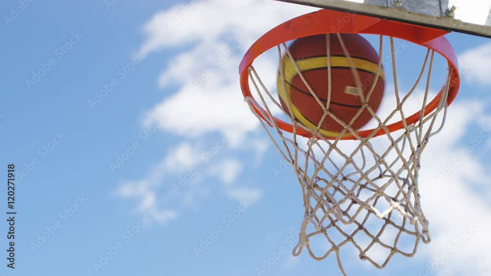 Close up of basketball scoring through the hoop, in slow motion Close up of basketball scoring through the hoop, in slow motion