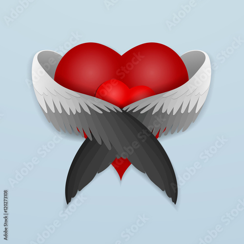 Red heart with wings lovingly hugging heart. Vector illustration