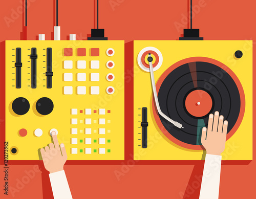 Turntable with dj hands. Vector flat illustration