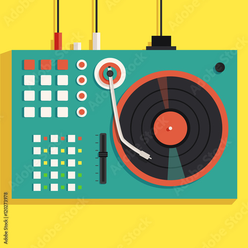 Playing mixing music on vinyl turntable. Vector flat illustration