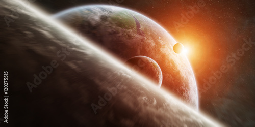 Sunrise over distant planet system in space 3D rendering element