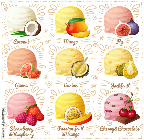 Set of cartoon vector icons isolated on white background.  Coconut, mango, fig, guava, durian, jackfruit, strawberry and raspberry
