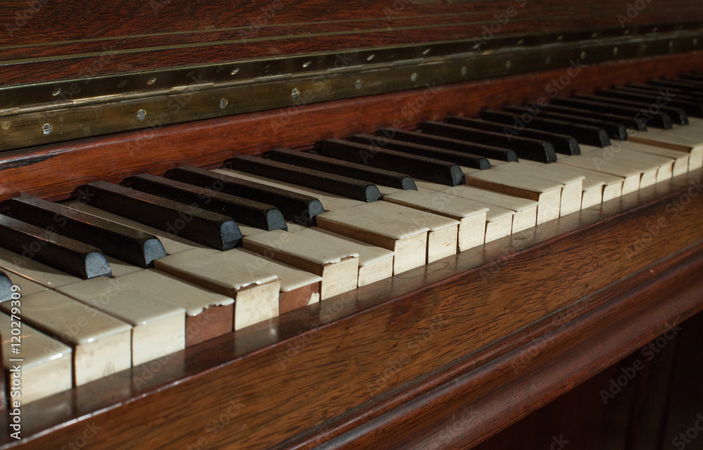 gCloseup of antique piano keys and wood grain gCloseup of antique piano keys and wood grain