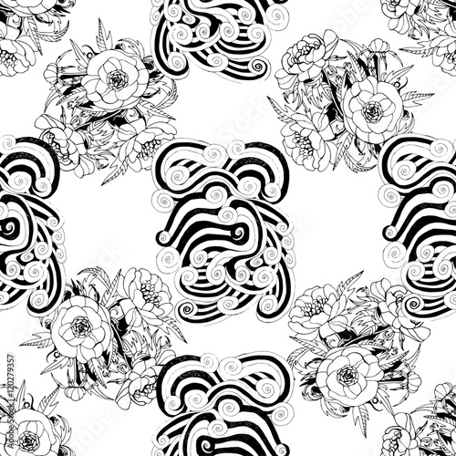 Seamless monochrome pattern with flowers and abstract motifs