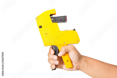 plastic price label / Plastic price label or pricing gun in hand isolated with clipping path