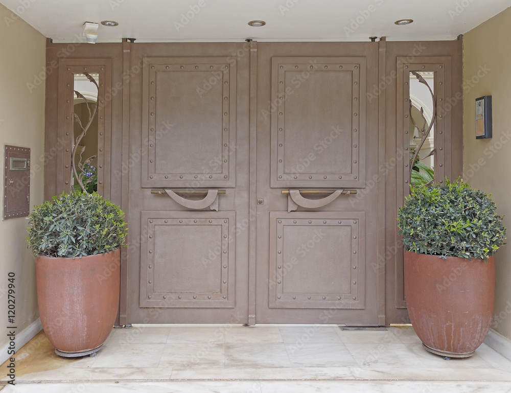 elegant contemporary house entrance with double flowerpots elegant contemporary house entrance with double flowerpots