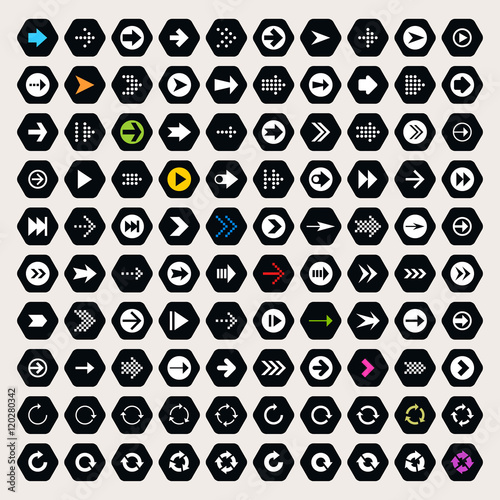 Arrow sign icon set on hexagon shapes