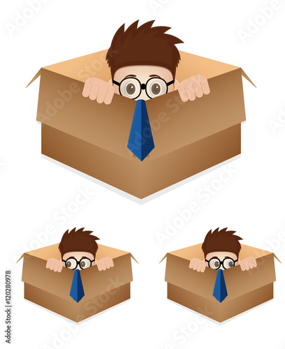 cartoon business man hidding inside the box