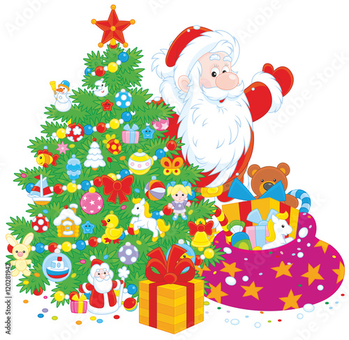 Santa with a Christmas tree and gifts