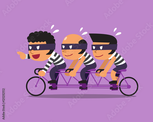 Cartoon three thieves ride tandem bicycle