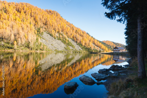Fototapeta Naklejka Na Ścianę i Meble -  Reflections on water, autumn panorama from mountain lake