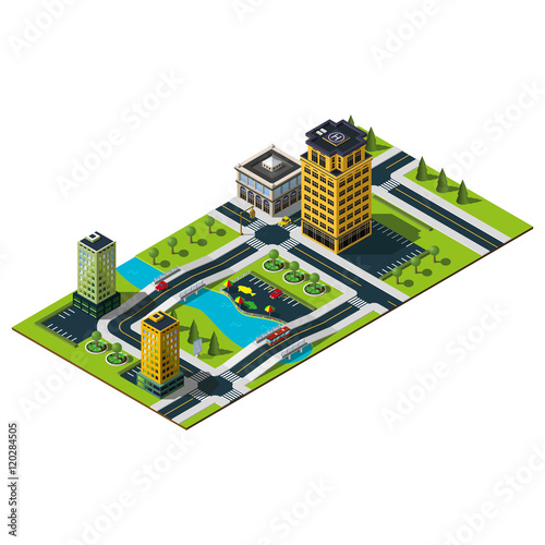 Isometric city map. Crossroads and road markings illustration. Bridge over the river in downtown. Mall building, bank building and central quay illustration.