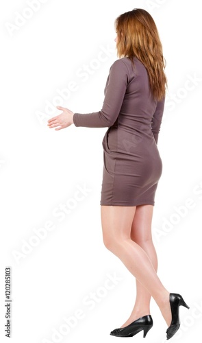 handshake in walking woman's. Rear view people collection. backside view of person. Isolated over white background.