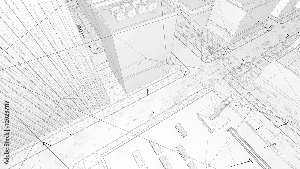 Abstract 3d city rendering with lines and digital elements. Skyscrappers with wireframe texture and random digits. Technology and connection concept. Perspective architecture background.