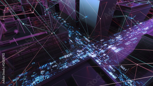 Abstract 3d city rendering with lines and digital elements. Skyscrappers with wireframe texture and random digits. Technology and connection concept. Perspective architecture background.