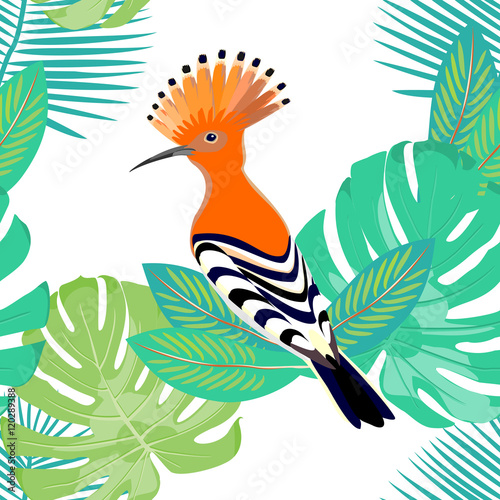 Exotical tropical seamless pattern with palm leaves & hoopoe. Vector.