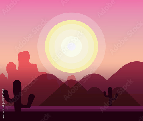 desert natural landscape with dry mountains and sun background. vector illustration