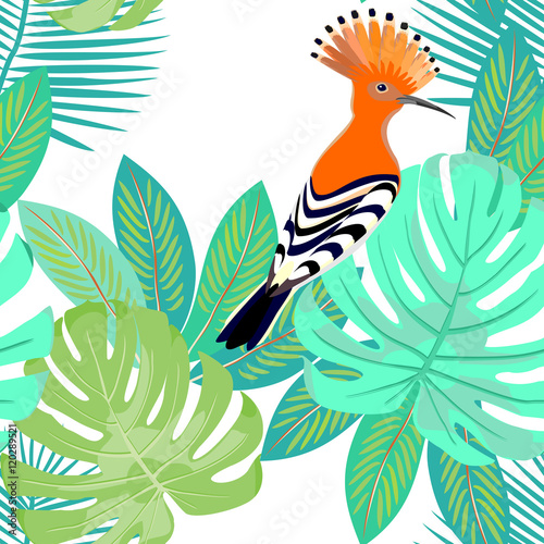 Exotical tropical seamless pattern with palm leaves & hoopoe. Vector.