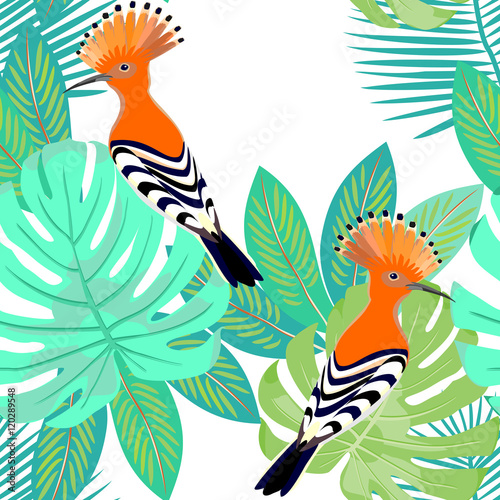 Exotical tropical seamless pattern with palm leaves & hoopoe. Vector.