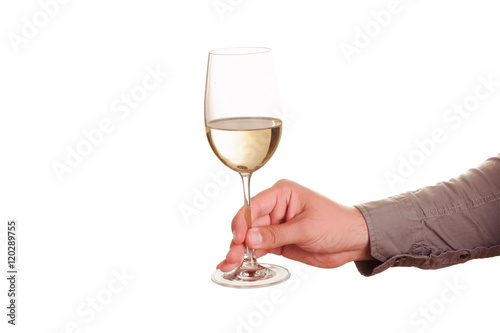 Male hand with white wine glass