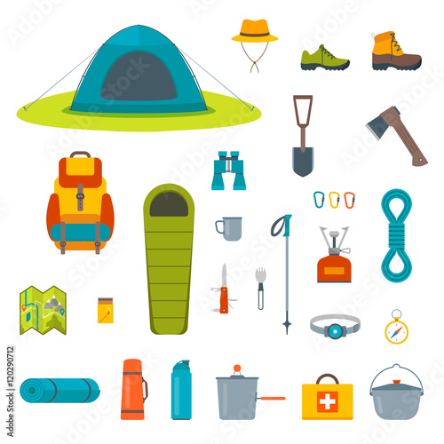 Hiking equipment and gear icon collection.
