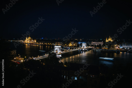 Night cityscape of Budabest, capital of Hungary. Chain Bridge nicely illuminated.