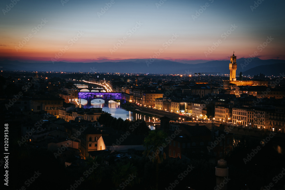 Florence evening sunset cityscape skyline with ponte Vecchio view