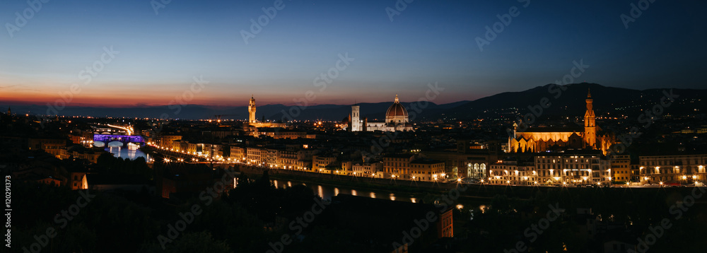 Florence evening sunset cityscape skyline panorama with Duomo, ponte Vecchio.