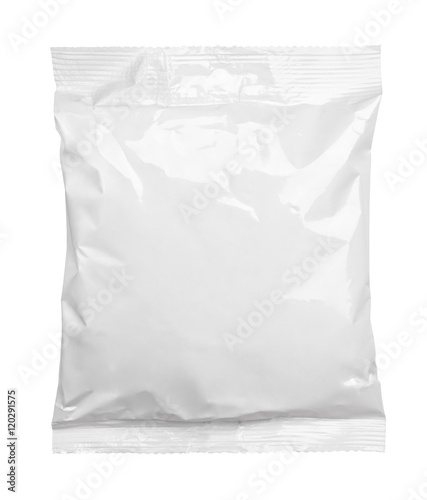 Top view of blank plastic pouch food packaging isolated on white with clipping path